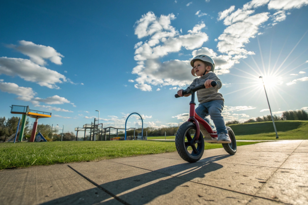 ребенок учится каться на велосипеде