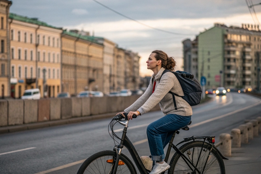 Женщина на велосипеде в городской среде