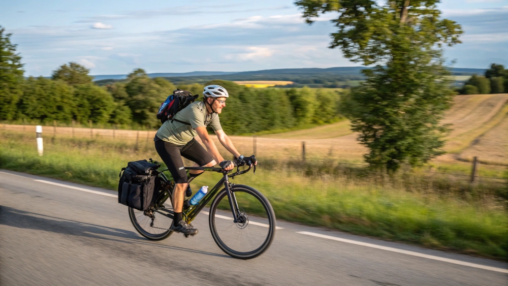 Велосипедист в походе с багажом