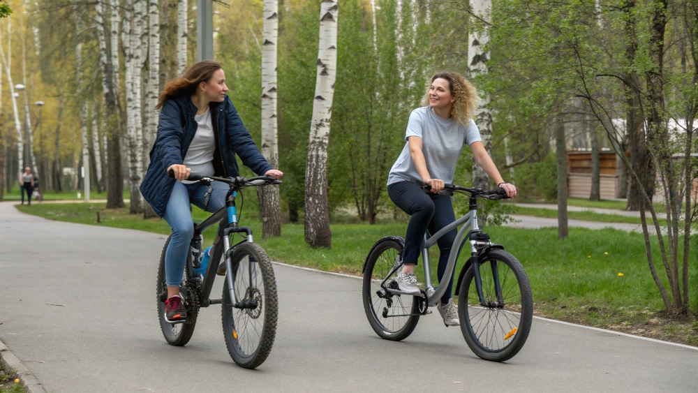 женщины на горных велосипедах в парке